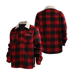 LEEHANTON Men Buffalo Plaid Heavy Weight Shacket Red Black Plaid Sherpa Lined XL